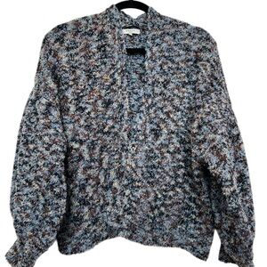 FRNCH Paris Bouclé Sweater Cardigan Blue Brown Cozy Cropped Coastal Grandma